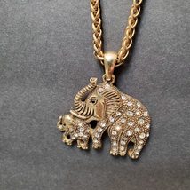Elephant Necklace with Rhinestones, Mother and Baby, Gold Tone Vintage image 1