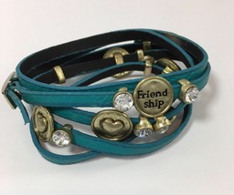 Turquoise Faux Leather Wrap Charm Bracelet Rhinestones - $15.99