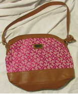 Tommy Hilfiger Signature Shoulder Bag Pink Tan TH Pattern Fabric Brown L... - $33.66
