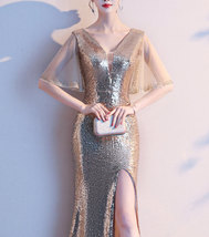 Women Gold Sequin Dress Cap Sleeve High Slit Sequin Maxi Wedding Dress,Plus Size image 2