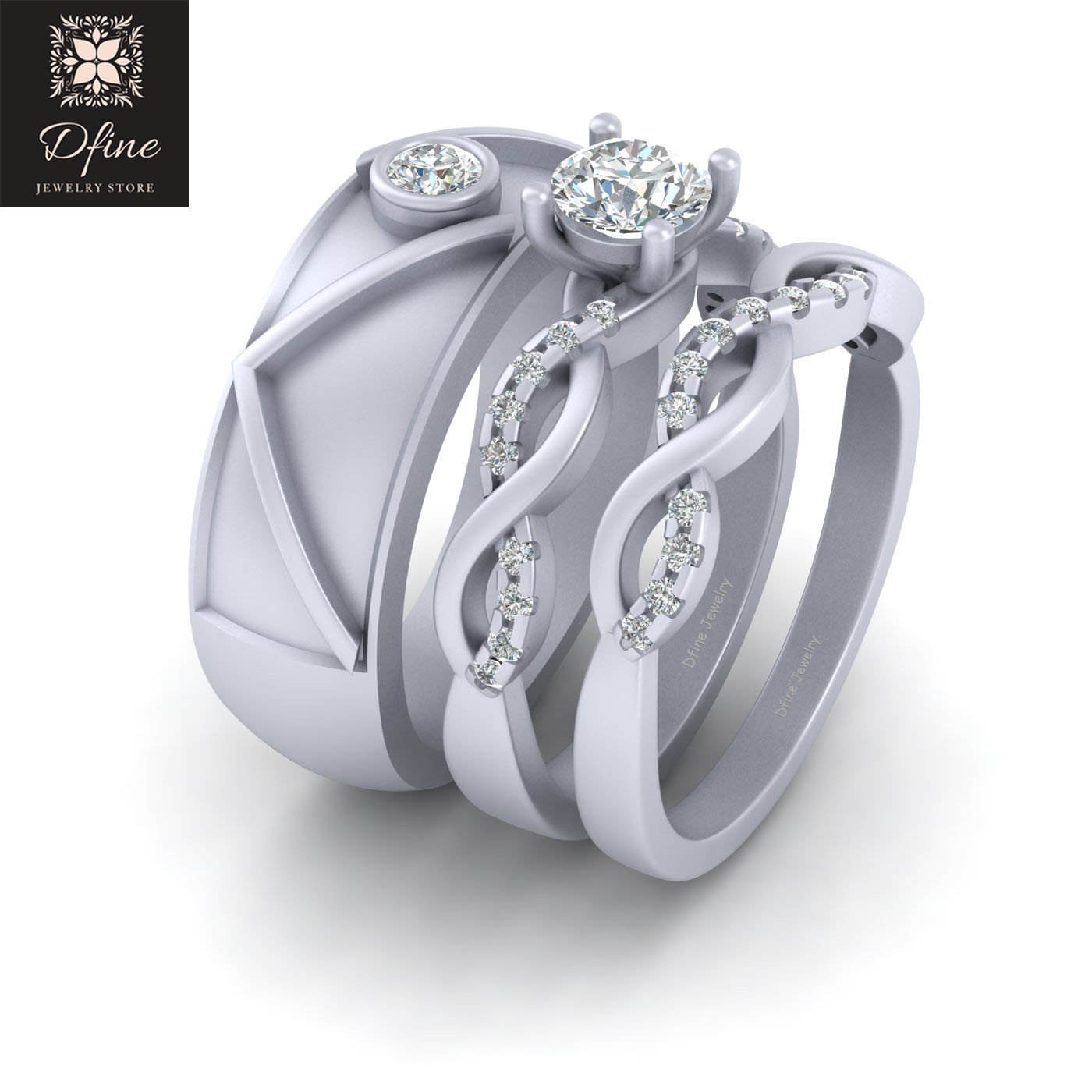 Matching Bride and Groom Wedding Set His and Her Couple Rings Entwined ...