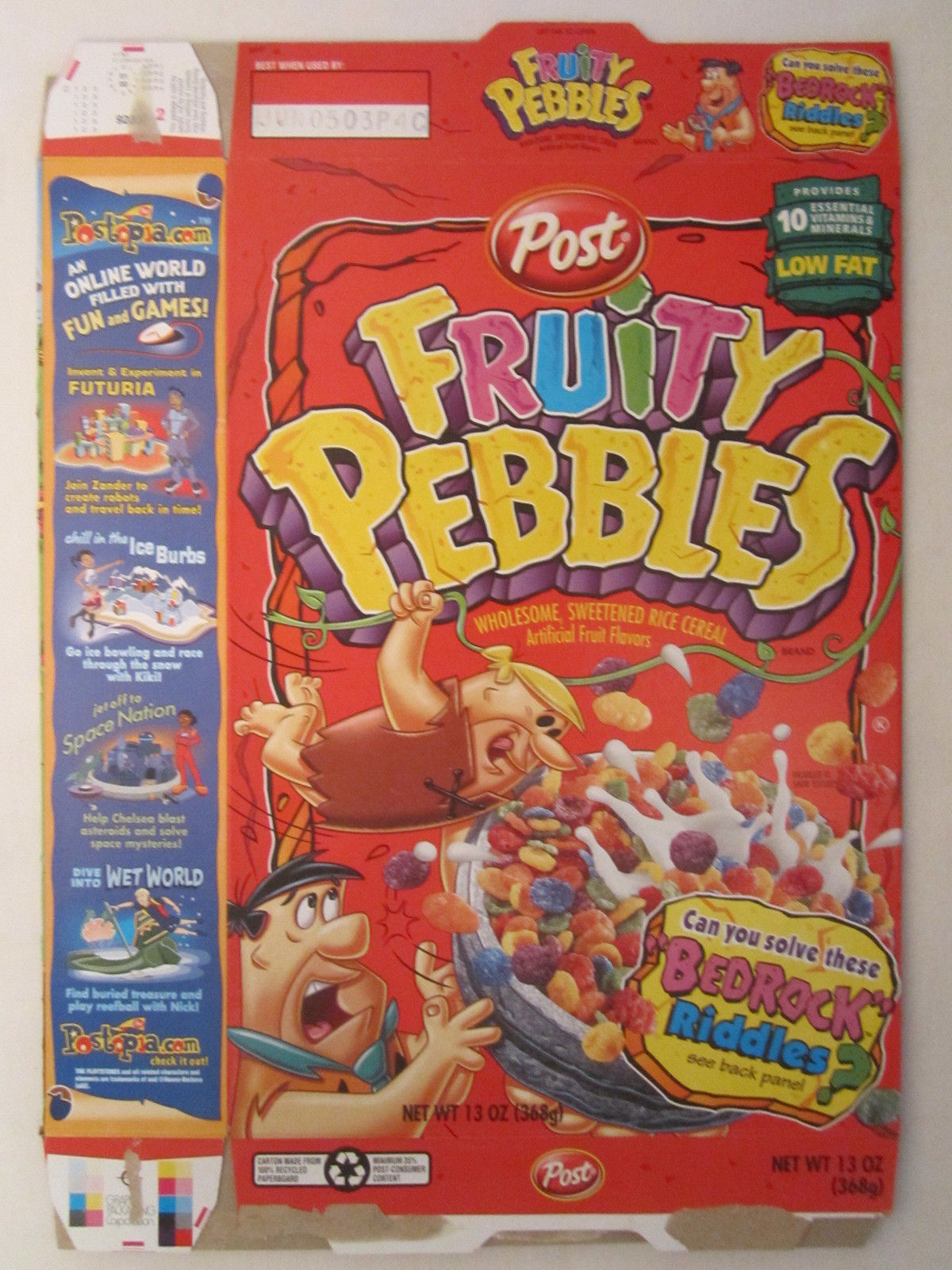 Empty POST Cereal Box FRUITY PEBBLES 2002 13 oz BEDROCK RIDDLES [G7C11c ...