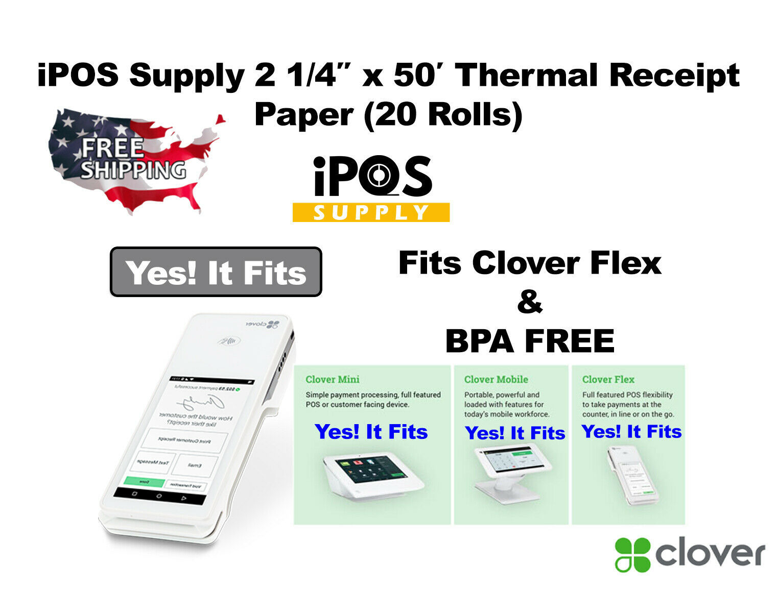 iPOS Supply Thermal Paper 20 Rolls for Clover Flex Receipt Paper 2 1/4