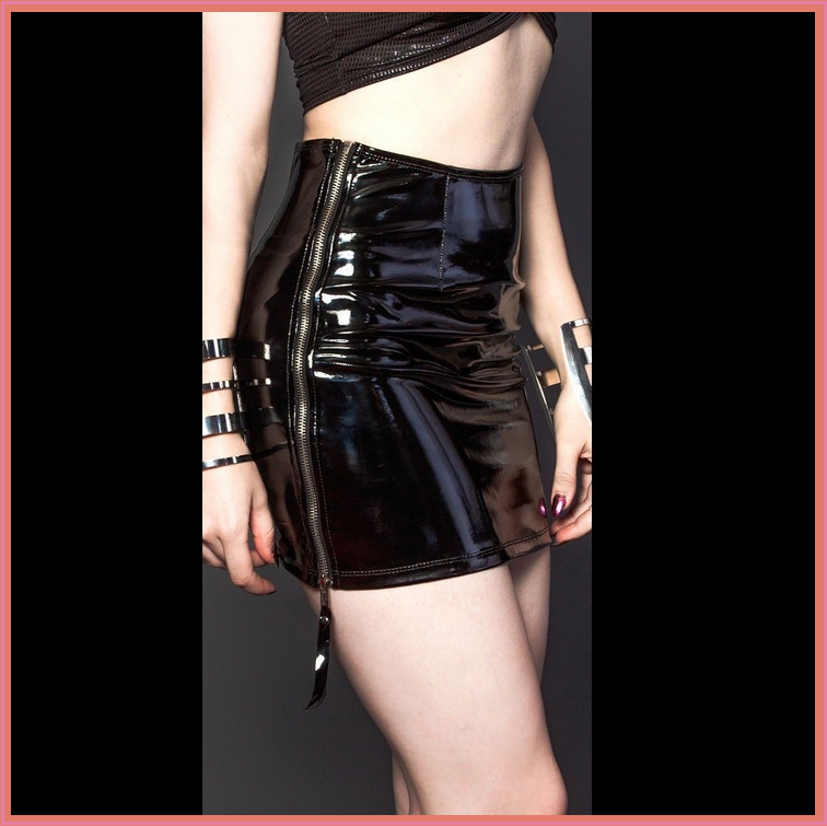 Unbranded - Black wet look pu leather faux latex full zip side straight mini pencil skirt