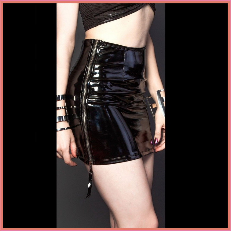 Black Wet look PU Leather Faux Latex Full Zip Side Straight Mini Pencil Skirt