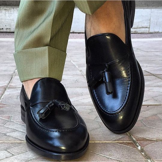 Handmade men black genuine leather tassel mocassins, Men formal shoes ...