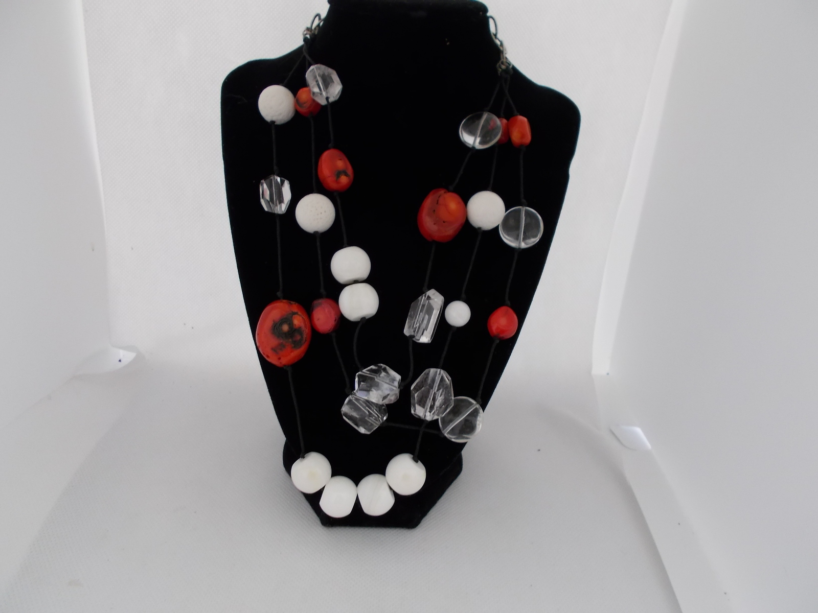 Vintage White and red Coral three strand Crystal Necklace VGC