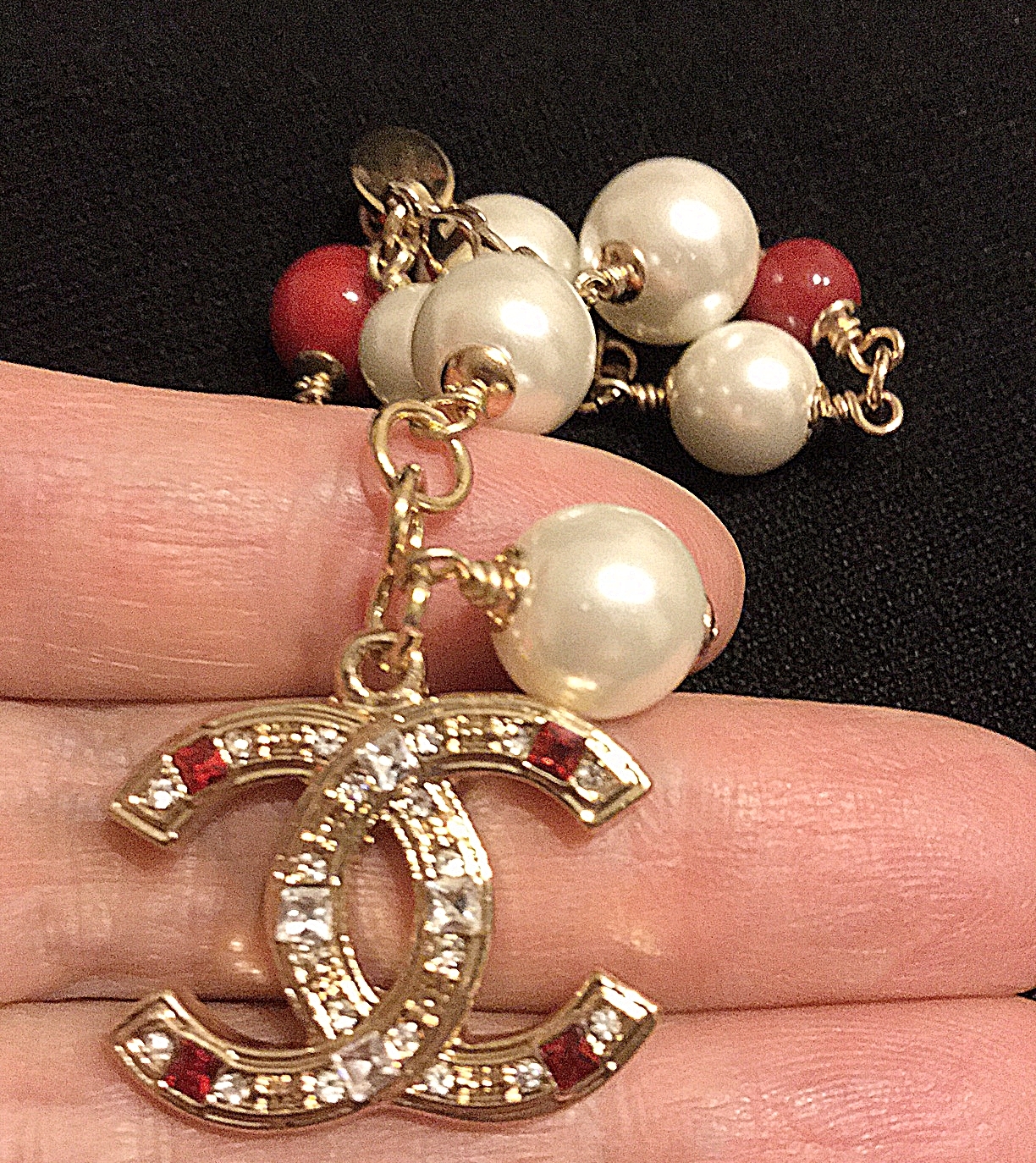CHANEL Pearl Bracelet Red Crystal CC Logo Costume Jewelry Hallmark