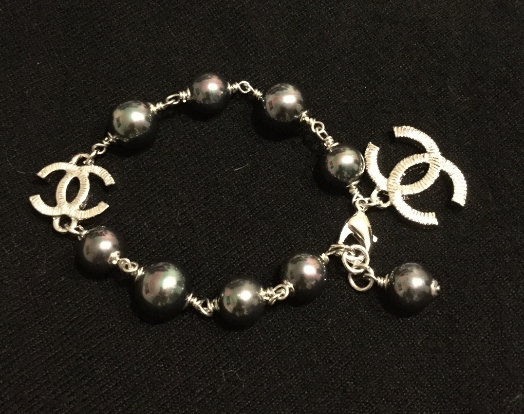 CHANEL Gunmetal Grey Pearl Bracelet 2 Silver CC Costume Jewelry