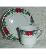 4 DECK THE HALLS COFFEE CUP SAUCER sets CHRISTMAS TIENSHAN POINSETTIA HO... - $16.54