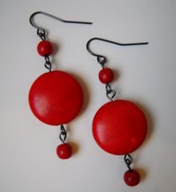 Red Howlite Beaded Earrings Handmade Gemstone Beads Dangle Pierced Hook ... - $28.00