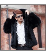 Men's Long Sleeve Hooded Front Zip Up Long Hair Faux Fur Coat Jacket w/ Pockets  - $198.95