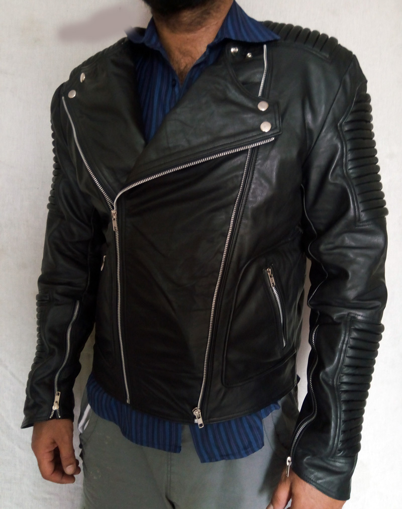 Black Leather jacket, Zipper Ribbed Leather jacket Men jacket Outerwear