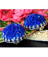 Vintage Sequins Cluster Earrings Cobalt Blue Button Dome Clips Gold  - $15.95