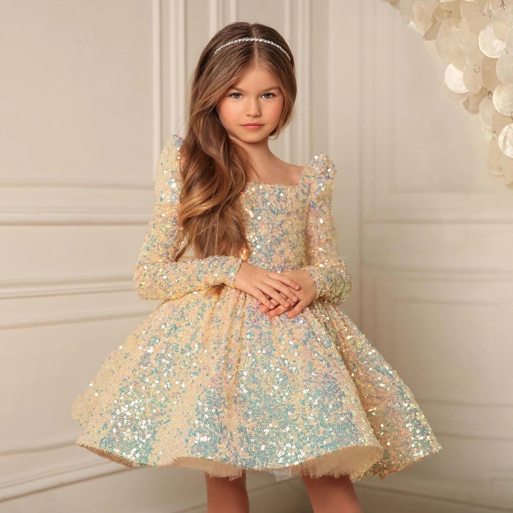 Golden sparkly elegant sequin long sleeve princess dress with back bow