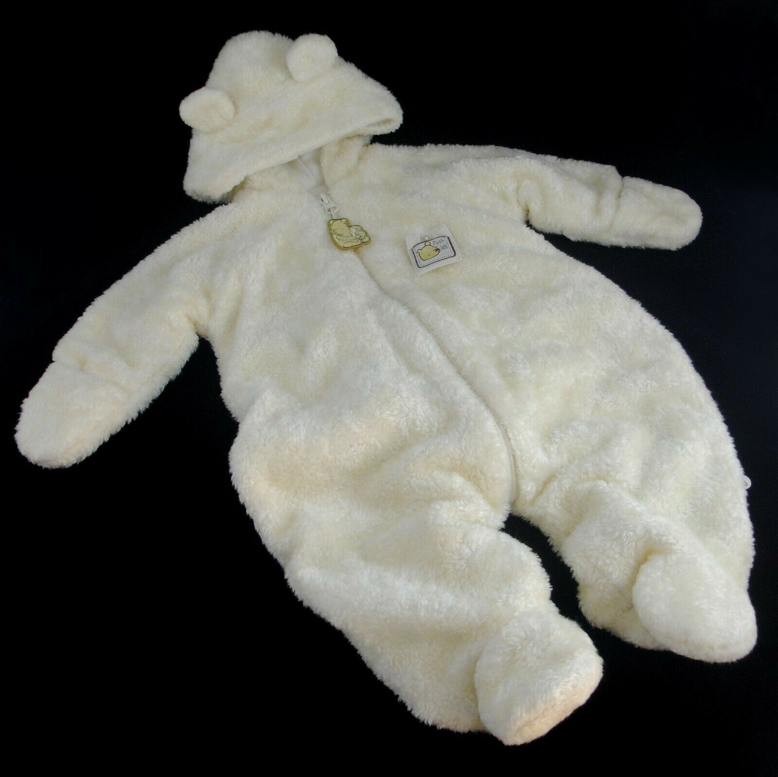 Classic Pooh Bear Baby Bunting Plush Snowsuit w/Ears Disney Ivory Cream 6 months - $12.85