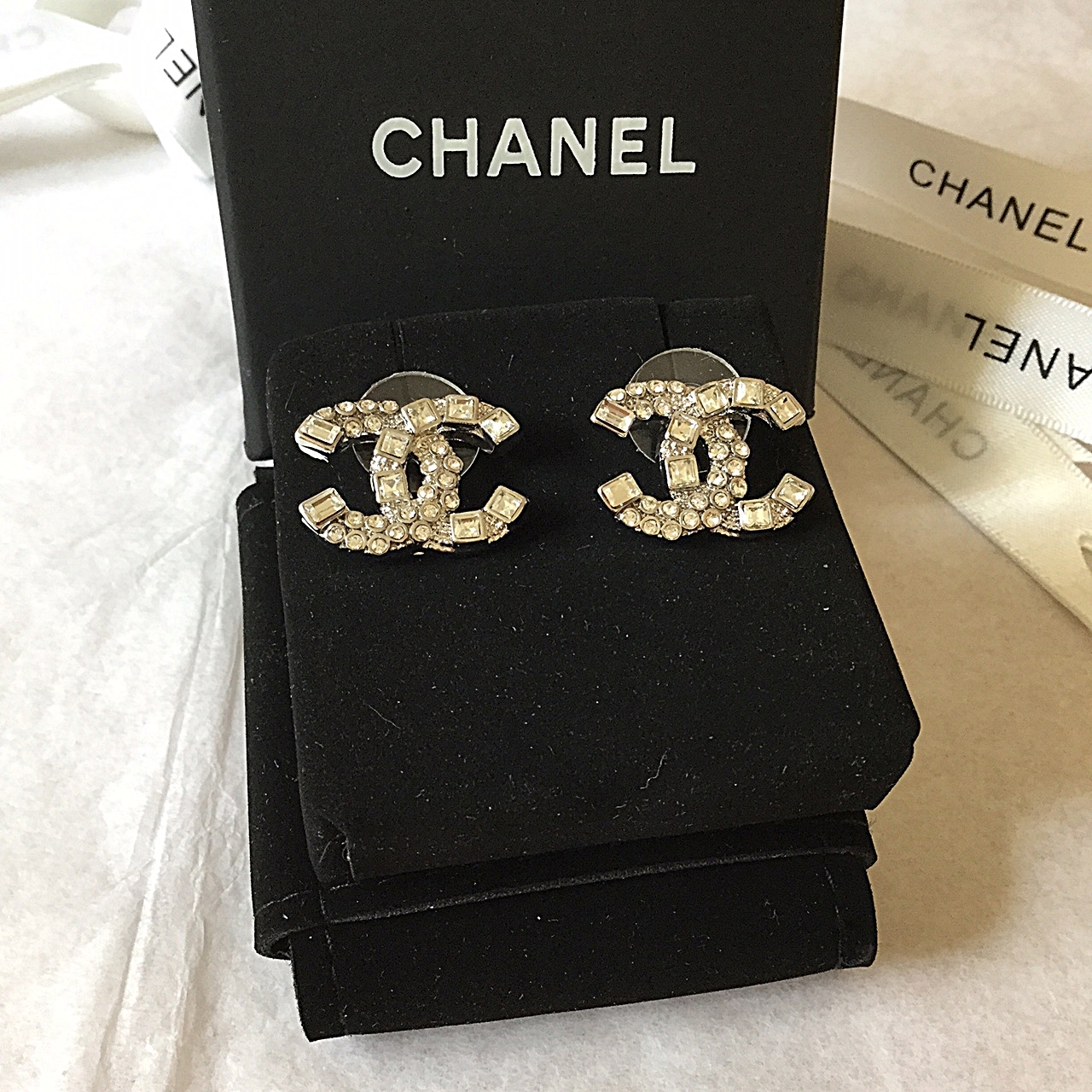 CHANEL Silver Stud Earrings Swarovski Crystal Square Round Medium CC ...