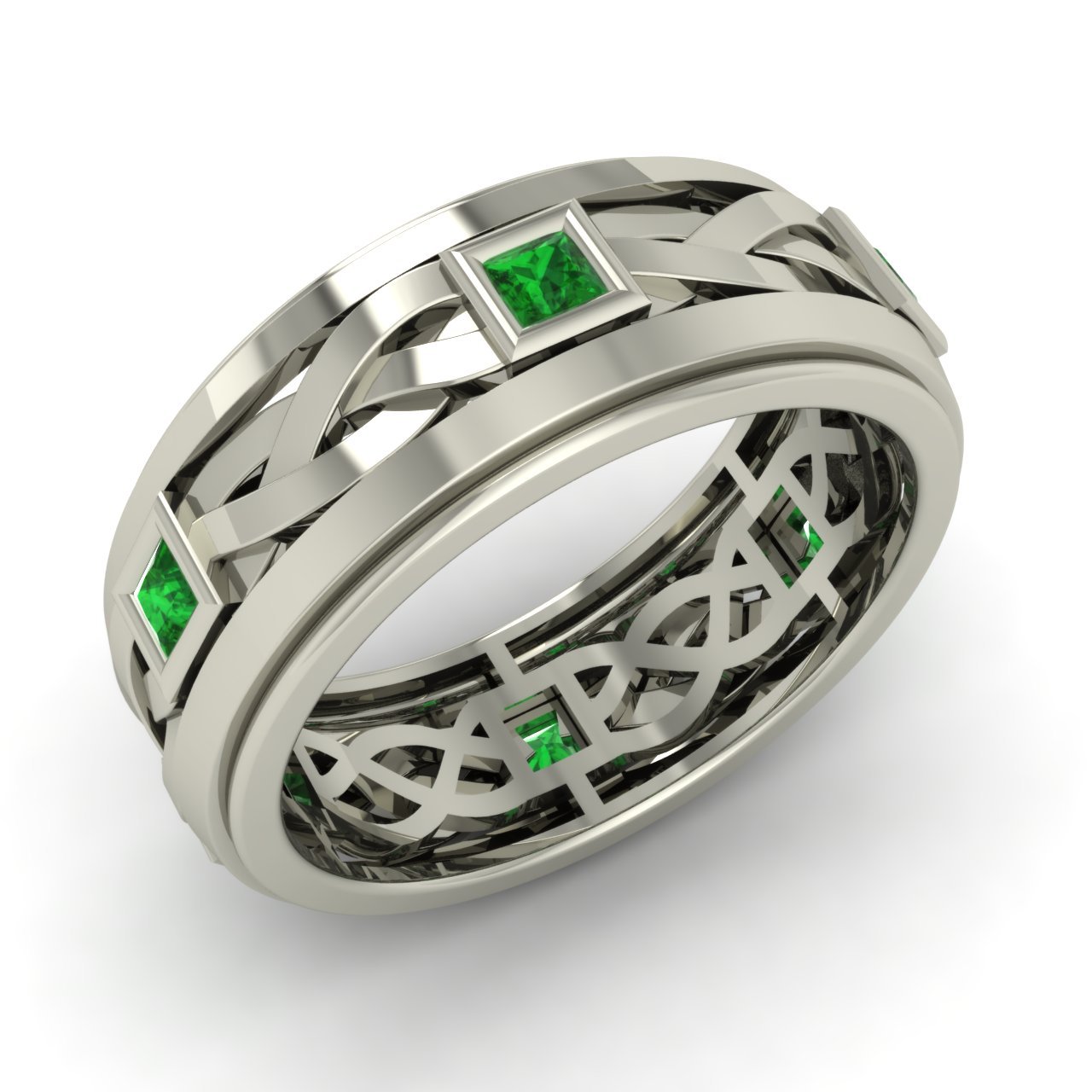 Princess Cut Emerald Men's Band / Ring In Solid 14k White Gold6.5 mm
