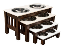 Double Dish Dog Feeder   Luxury Wood & Corian Top   Handmade Elevated Oak Stand - $116.97+