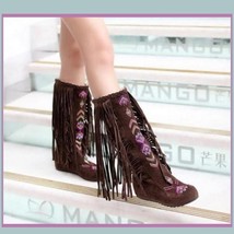 Tall Colorful Indian Stitched Nubuck Leather Moccasins with Fringed Tassel Sides image 2