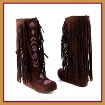 Tall Colorful Indian Stitched Nubuck Leather Moccasins with Fringed Tassel Sides image 3