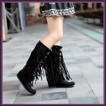Tall Colorful Indian Stitched Nubuck Leather Moccasins with Fringed Tassel Sides image 6