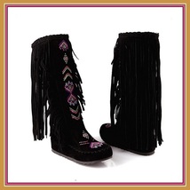 Tall Colorful Indian Stitched Nubuck Leather Moccasins with Fringed Tassel Sides image 7