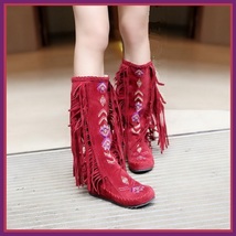 Tall Colorful Indian Stitched Nubuck Leather Moccasins with Fringed Tassel Sides image 8