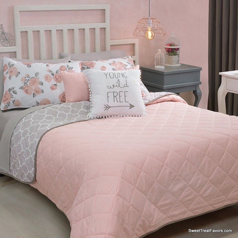 CHERRY FLOWERS BLOSSOM BLANKET SHERPA KING Bedding Decoration Grey GIFT Pink NW