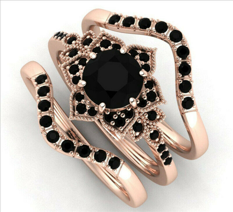 3pcs/set Flower Pretty Women's Fashion 18K Rose Gold Black Sapphire Ring Sz 6-11