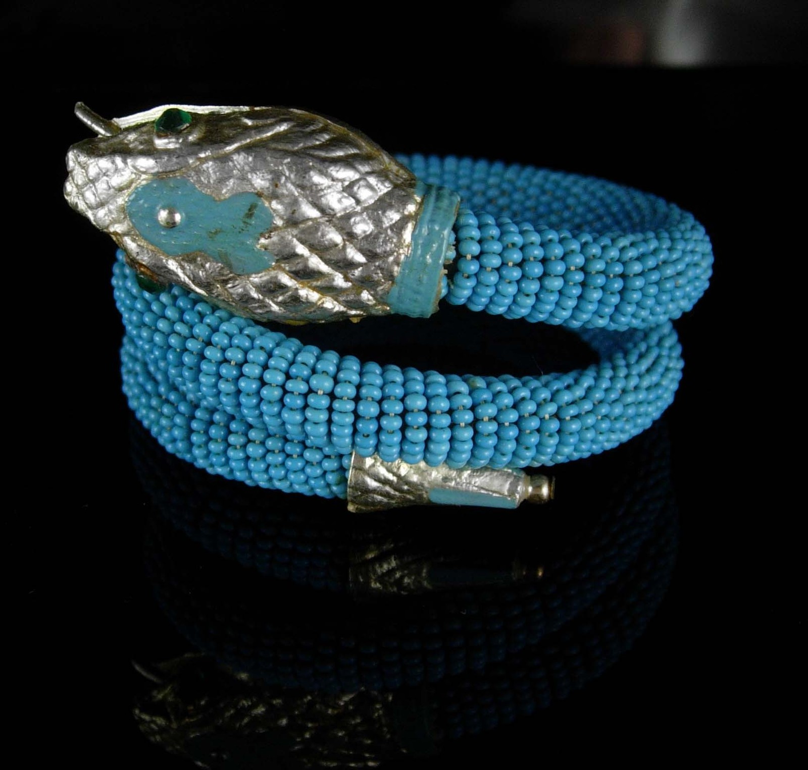 Exotic Snake Bracelet vintage Enamel beaded fork TONGUE coil wrap Egyptian Bracelets