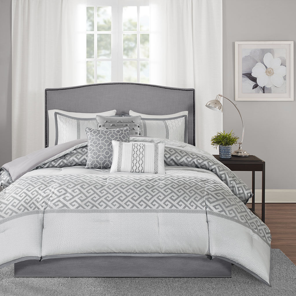 Beautiful Grey Charcoal Silver Geometric Comforter 7 pcs ...