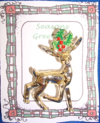 Primary image for Christmas PIN #0364 VTG Gerrys Buck Reindeer Goldtone & Holly Scatter Pin