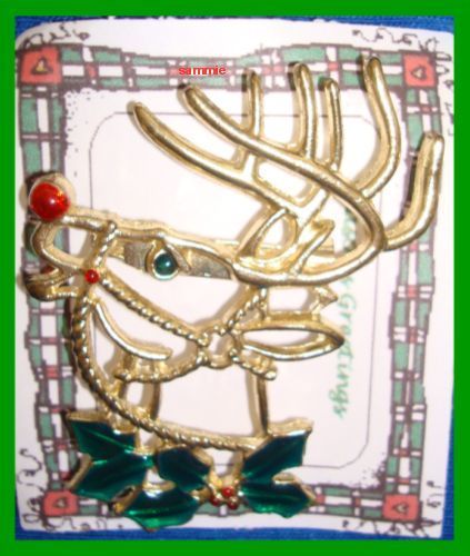 Primary image for Christmas PIN #0347 Buck Deer Goldtone with Green Holly & Red Nose ~looking left
