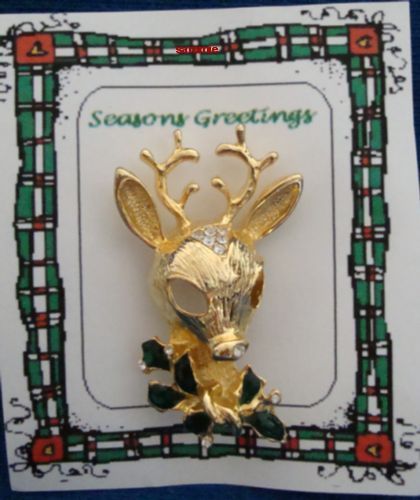 Primary image for Christmas PIN #0341 Reindeer Goldtone wEnamel Green Holly & Crystal-8 point Buck