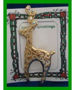 Christmas PIN #0360 LACE Buck Reindeer Goldtone Pin ~4 Rhinestones @horn - $39.55