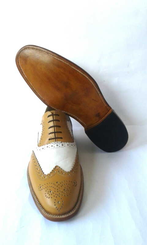 Handmade men leather shoes, tan and white shoe for men, wingtip brogue ...