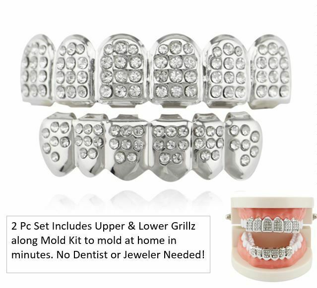 Post Malone Silver Mouth Teeth Deluxe Lab Diamond Grillz Set w Mold Kit