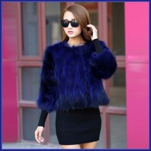 Sapphire Blue Natural Racoon Fur Three Quarter Sleeved Short Coat Jacket Pockets