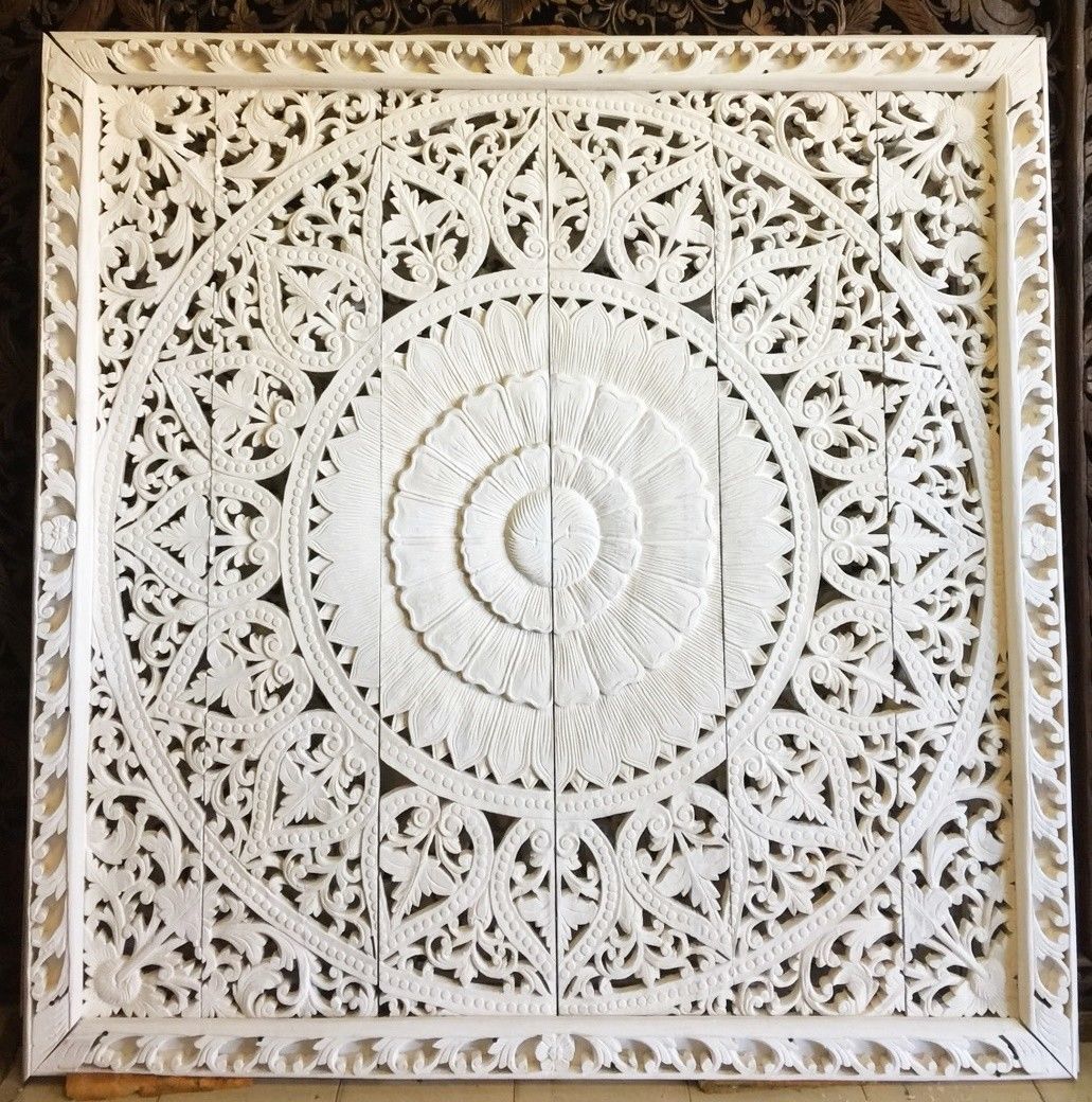 72" Large White Carved Headboard Lotus Teak Wood Carving Wall Panel Art
