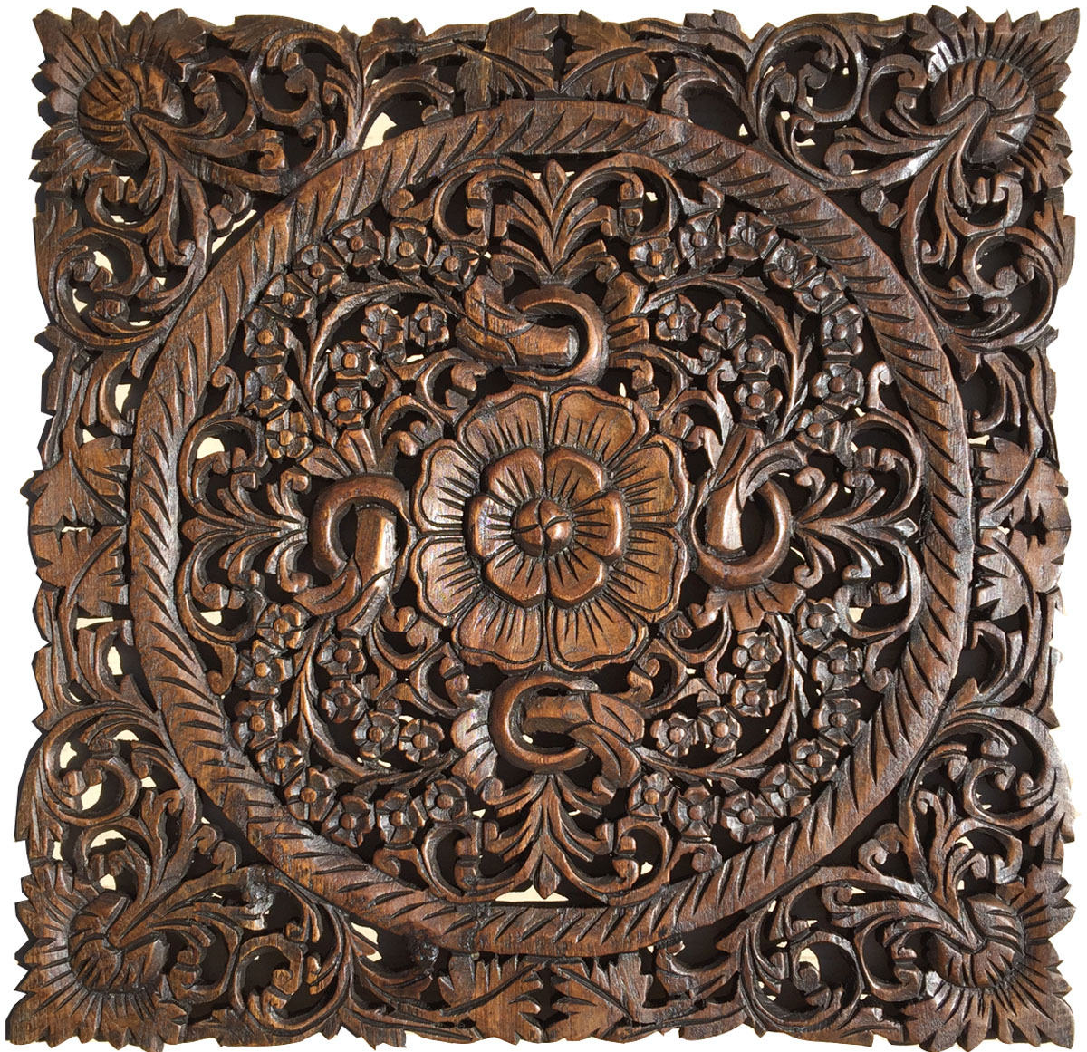 Carved Wood Wall Decor.Oriental Floral Wood Wall Art Plaque.Dark Brown