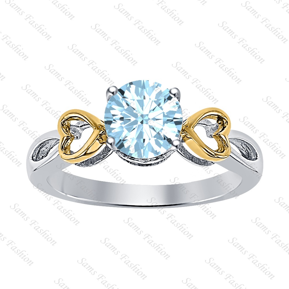Round Aquamarine 14k Two Tone Gold Over 925 Silver Double Heart Ring Women's