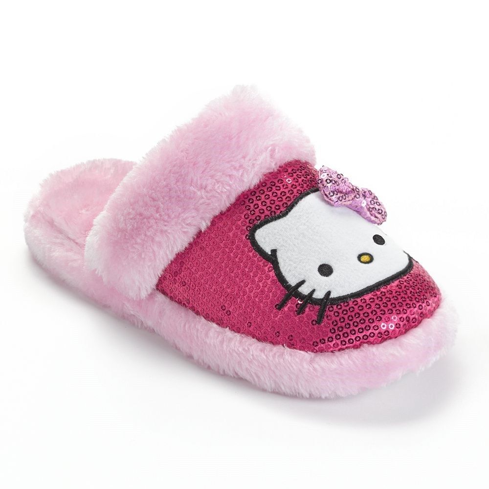 Hello Kitty Pink Plush Sequin Slippers Womens Juniors 5/6 7/8 9/10 ...