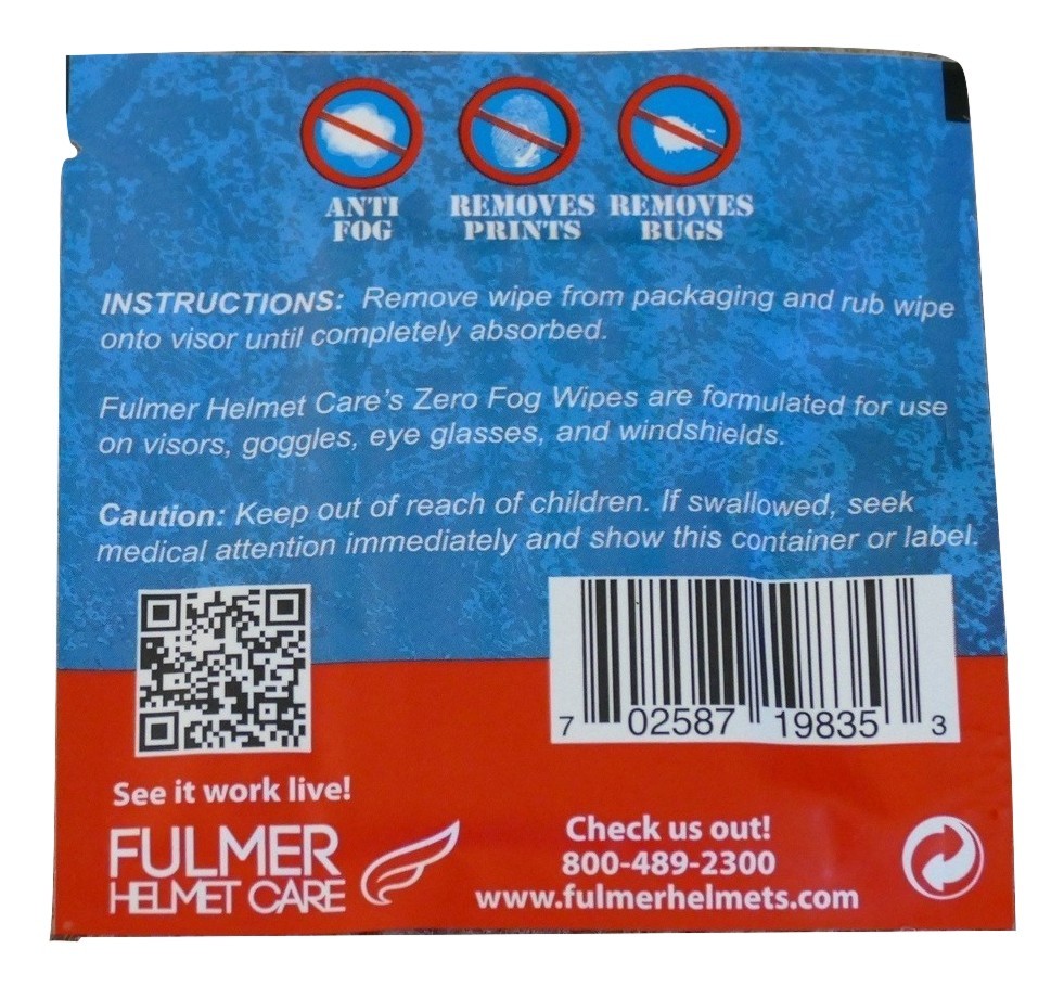 Single Fulmer Helmet Care Zero Fog Wipes Visor Cleaner & AntiFog