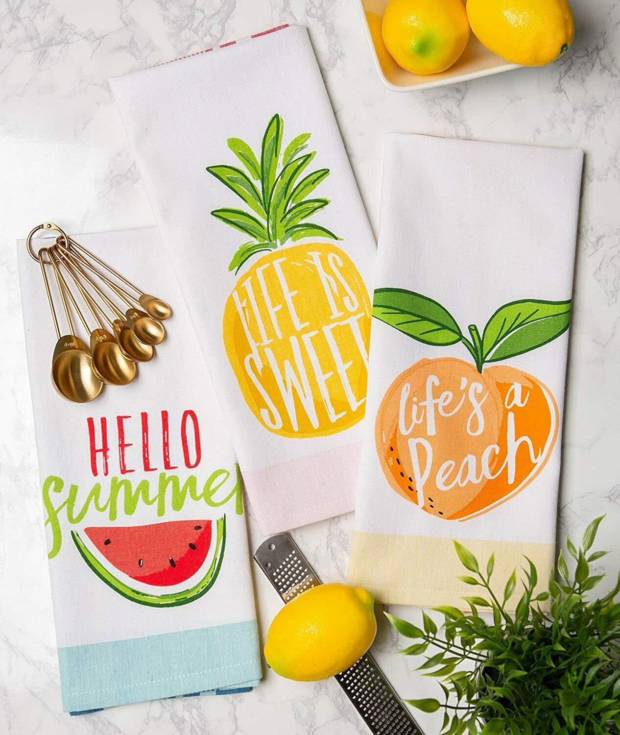 Three Fruit Themed Farmhouse Kitchen Towels Watermelon Pineapple Peach     57 