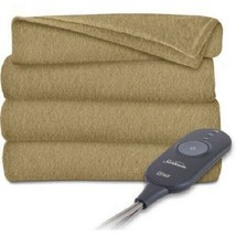 Sunbeam Fleece Heated Throw Tan Electric Blanket Heat Warm Soft - $56.99