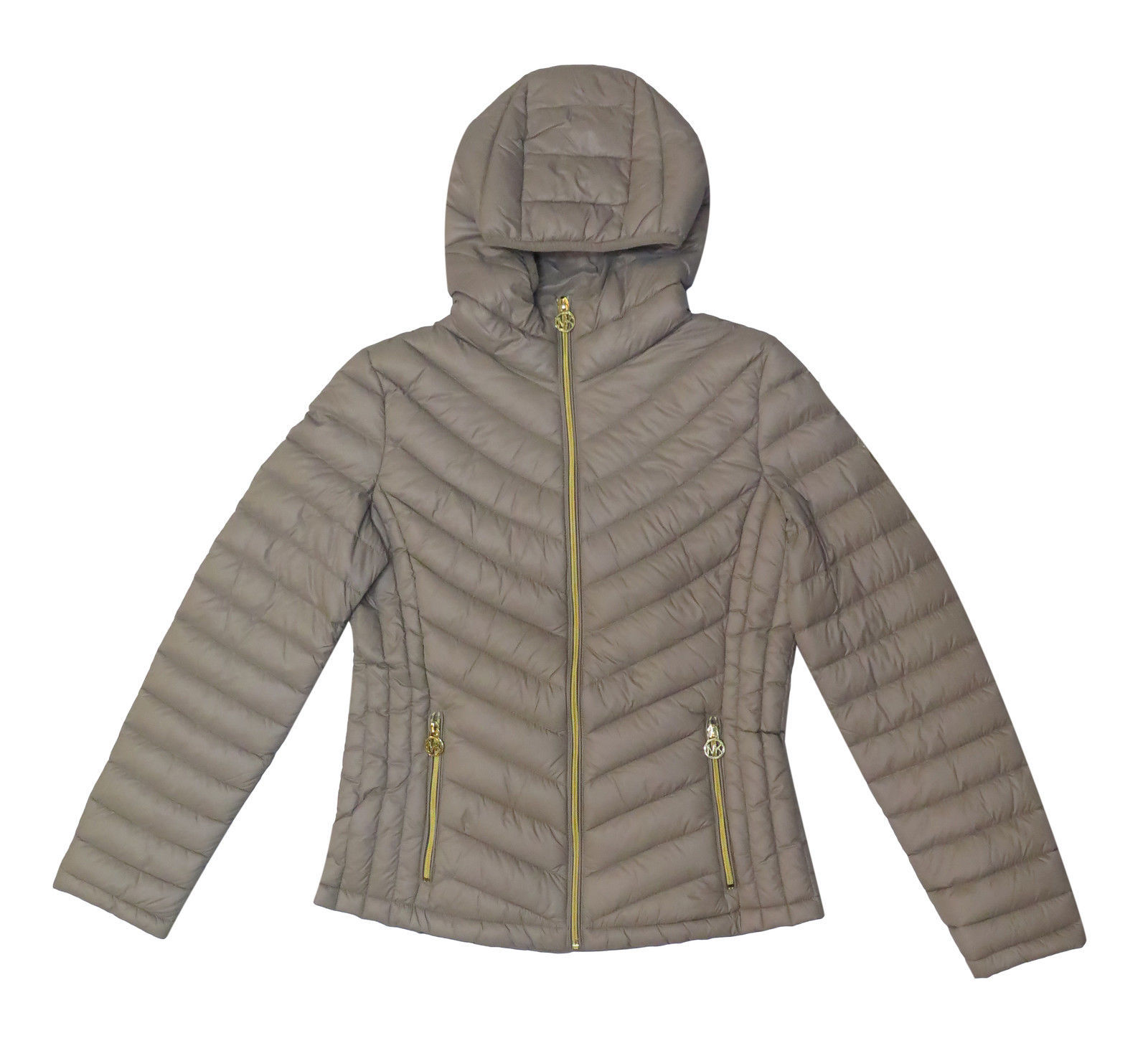 Michael Kors Women's Taupe Beige Chevron Quilted Hooded Puffer Packable ...