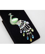 Colorful PEACOCK BROOCH Pin in Silver tone with Rhinestones and Moonglow... - $22.00