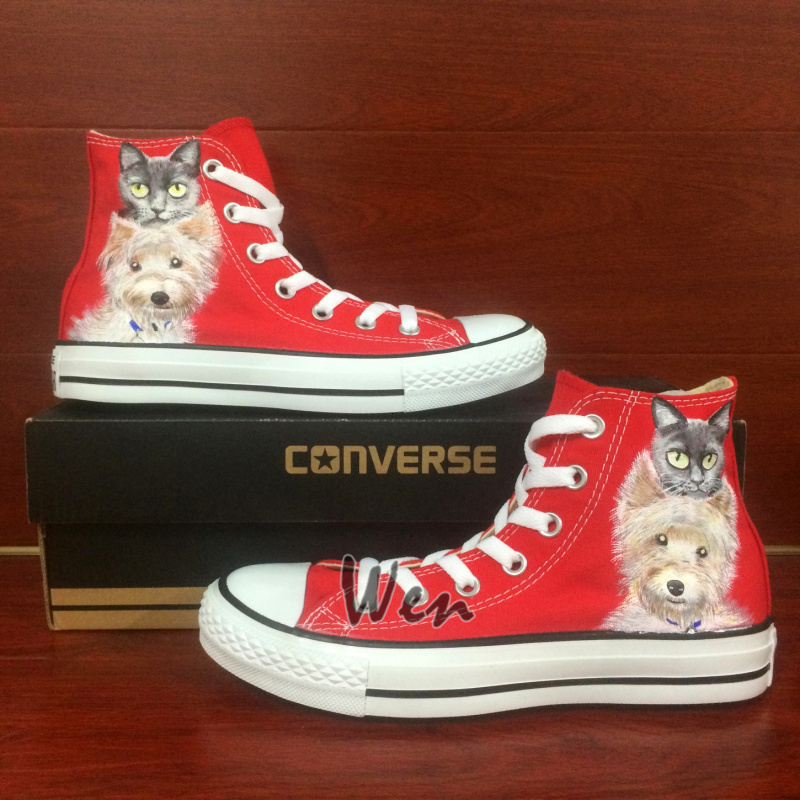 Red Converse All Star Sneakers Pets Cat Dog Original Design Hand Painted Shoes Fashion
