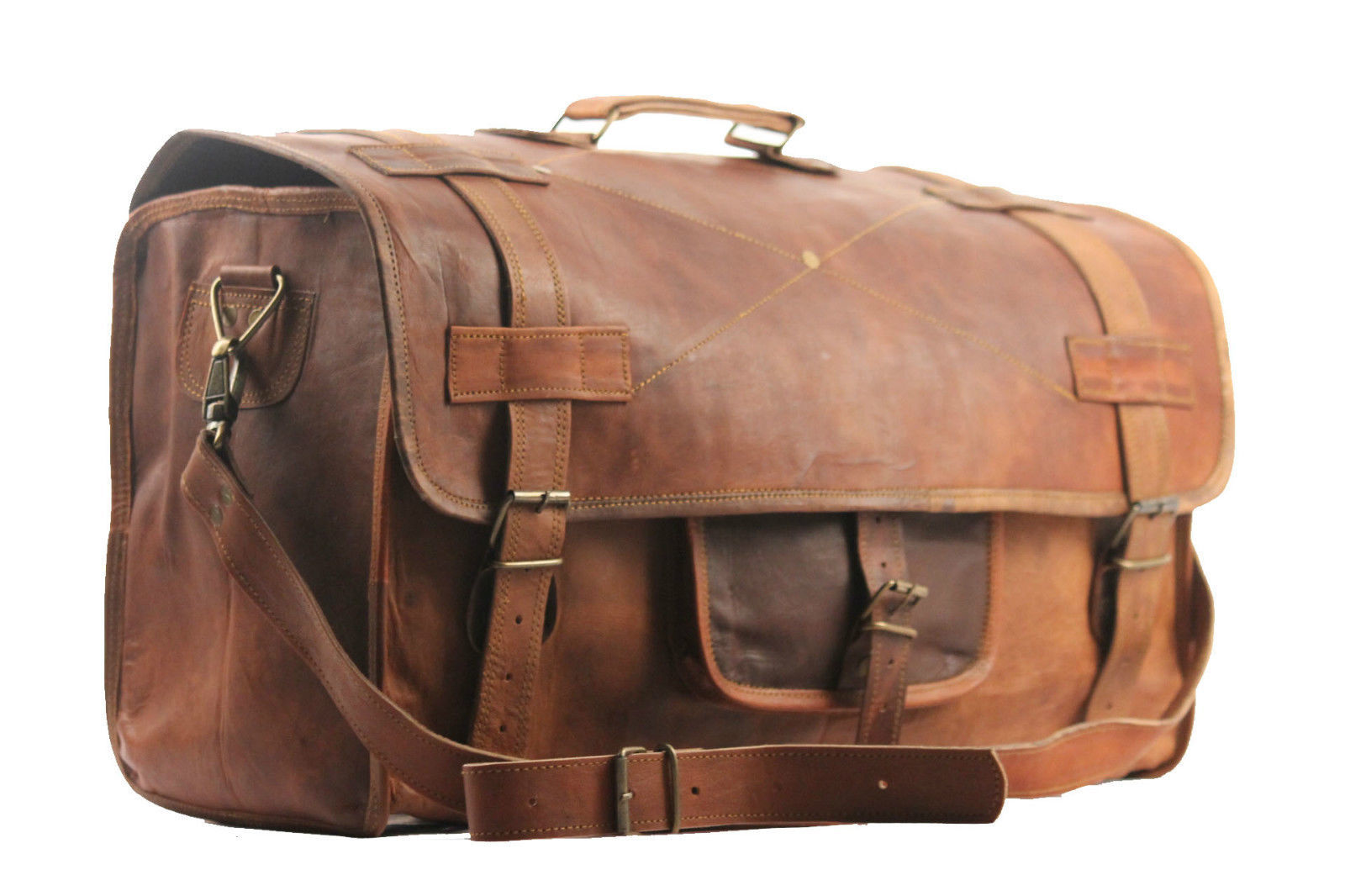 vintage brown leather duffle bag